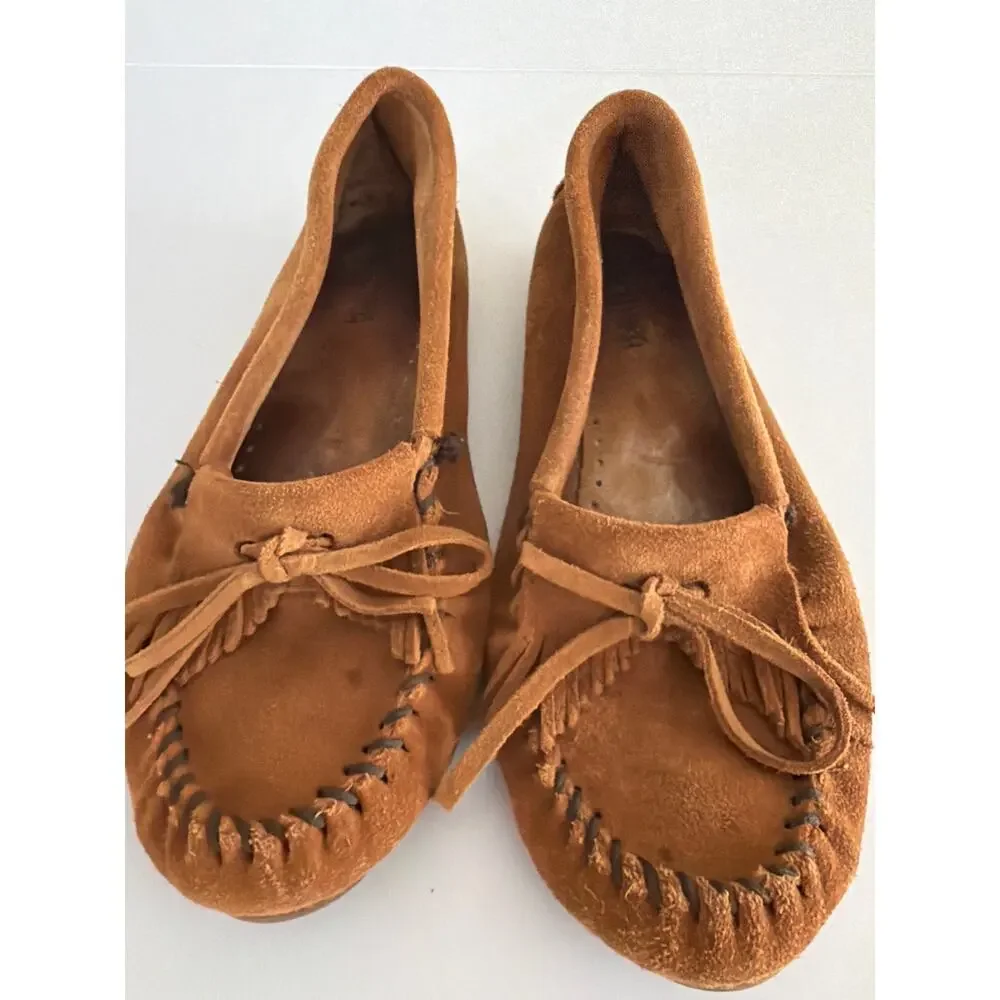 Minnetonka Kilty Moccasins Brown Suede Fringe Loafers Boho Southwestern 8.5